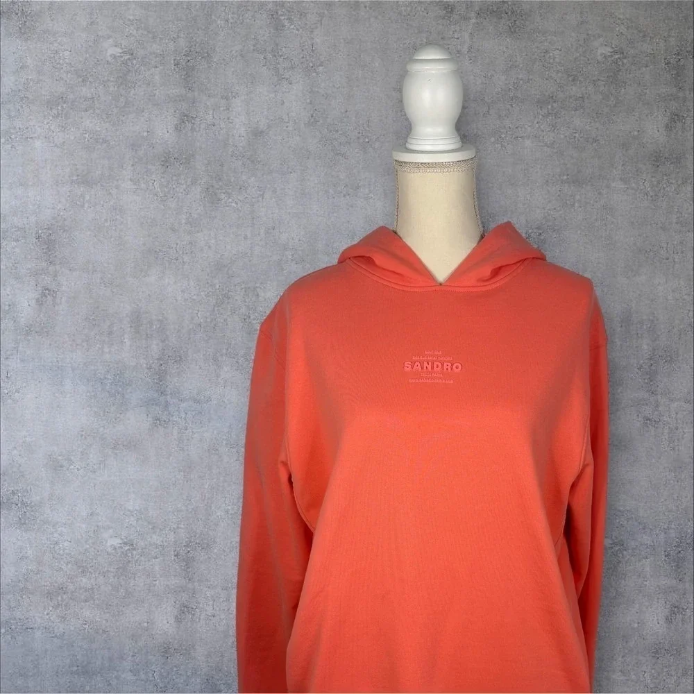 Sandro Paris Coral Pink Embossed Logo Hoodie Sweatshirt Size Extra Large - Picture 2 of 15
